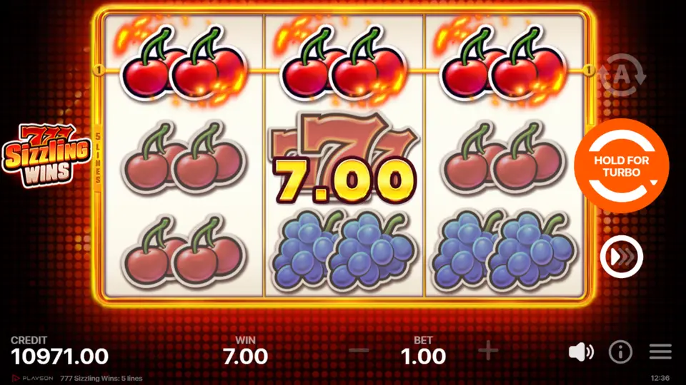 777 Sizzling Wins fixed 5-line payline win on a 3x3 grid