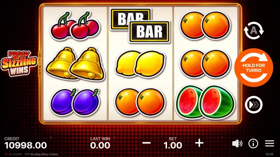 777 Sizzling Wins 5 lines base game grid with Sevens and BAR symbols